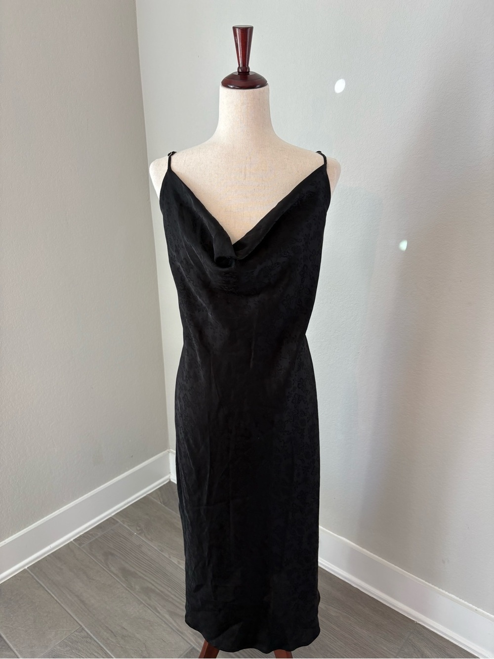 Black Satin Slip Dress Paisley Cowl Neck Sleeveless Full Length Large